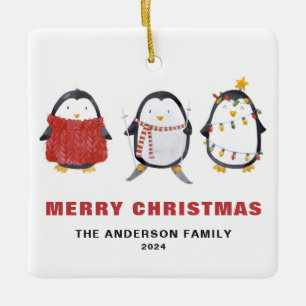 Festive Cute Waterverf Penguins kerstfoto Keramisch Ornament