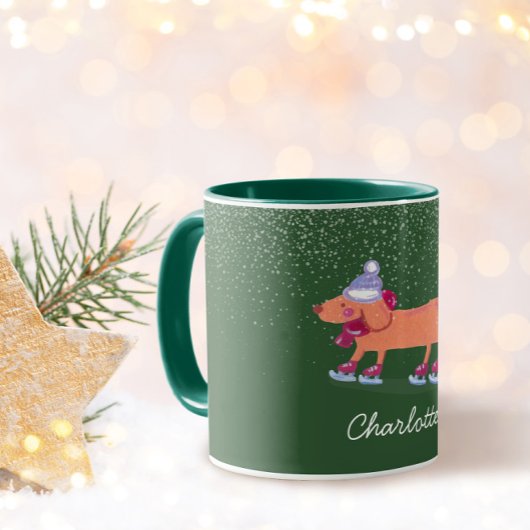 Festive Dachshund Dog Ice Skating Green Name Mug Mok