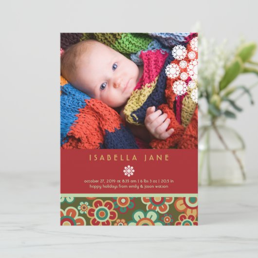 Festive Daisies Holiday Foto geboorteaankondiging Feestdagenkaart (Staand voorkant)