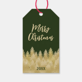 Festive Dark Green Gold Pine Trees Merry Kerstmis Cadeaulabel