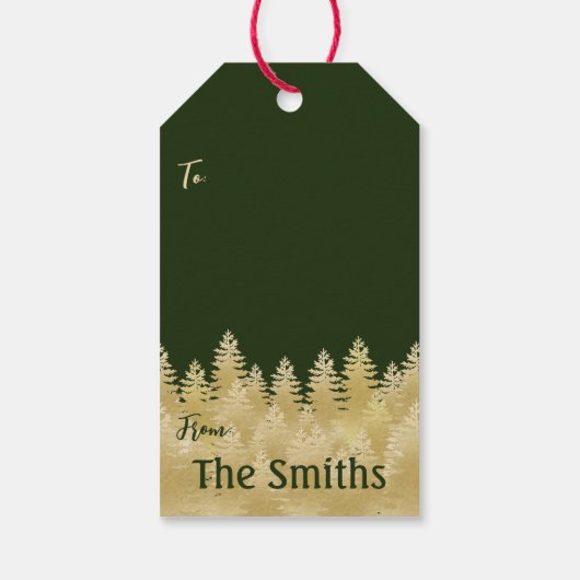 Festive Dark Green Gold Pine Trees Merry Kerstmis Cadeaulabel (Achterkant)