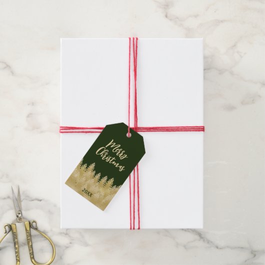 Festive Dark Green Gold Pine Trees Merry Kerstmis Cadeaulabel (Met Touw)
