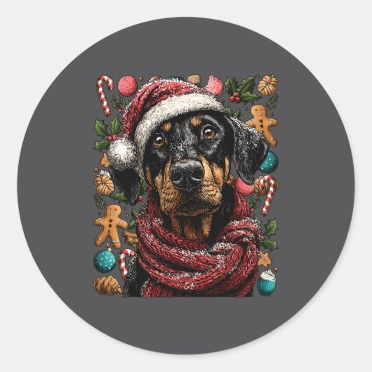 Festive Doberman With Santa Hat Snowy Winter Chris Ronde Sticker (Voorkant)