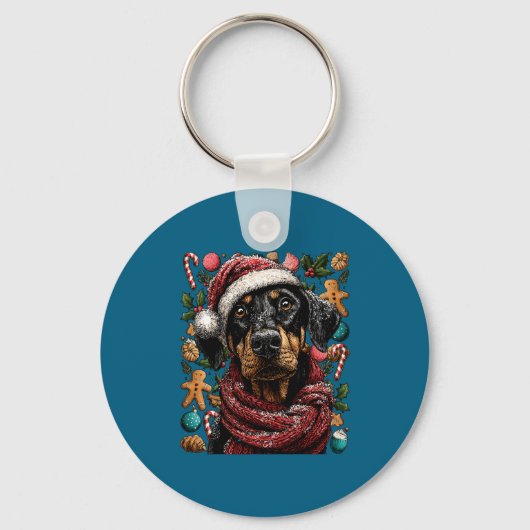 Festive Doberman With Santa Hat Snowy Winter Chris Sleutelhanger (Voorkant)