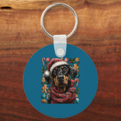 Festive Doberman With Santa Hat Snowy Winter Chris Sleutelhanger (Voorkant)