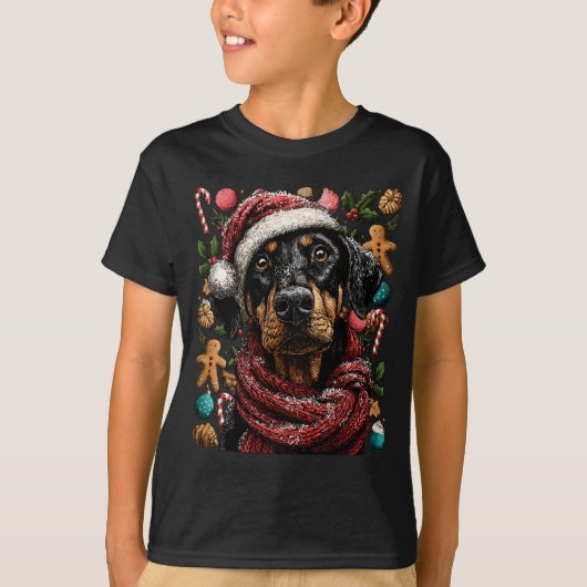 Festive Doberman With Santa Hat Snowy Winter Chris T-shirt (Voorkant)