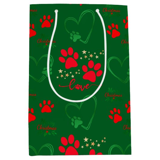 Festive DOG PAW PRINTS and LOVE HEARTS Christmas Medium Cadeauzakje (Voorkant)