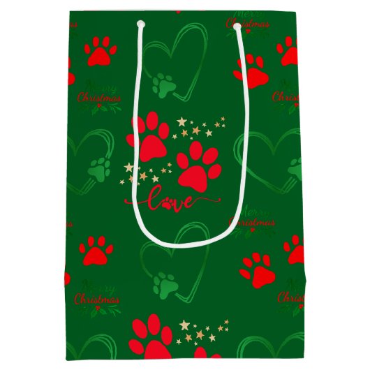 Festive DOG PAW PRINTS and LOVE HEARTS Christmas Medium Cadeauzakje (Achterkant)