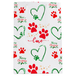 Festive DOG PAW PRINTS and LOVE HEARTS Christmas Medium Cadeauzakje