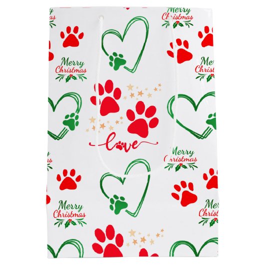 Festive DOG PAW PRINTS and LOVE HEARTS Christmas Medium Cadeauzakje (Achterkant)