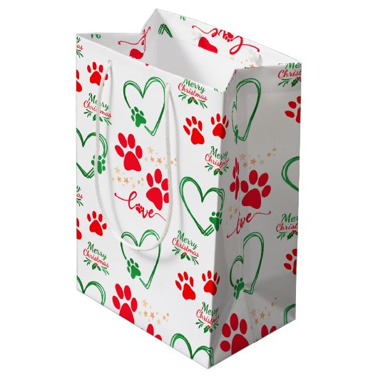 Festive DOG PAW PRINTS and LOVE HEARTS Christmas Medium Cadeauzakje (Achterkant Gekanteld)
