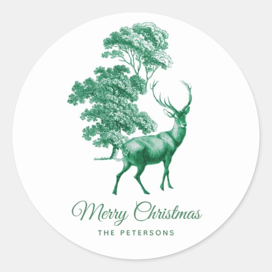 Festive Elegant Classy Green Deer in Forest Ronde Sticker (Voorkant)