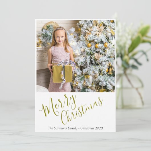 Festive Elegant Gold Script Merry kerstfoto Feestdagenkaart (Staand voorkant)