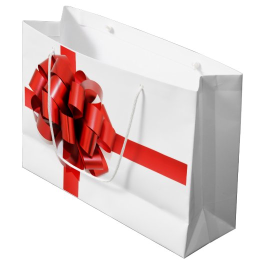 Festive Elegant Red Kerstmis Bow op White Glam Groot Cadeauzakje (Voorkant Gekanteld)