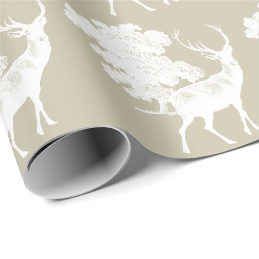 Festive Elegant  White Deer over Beige Cadeaupapier (Rol Hoek)
