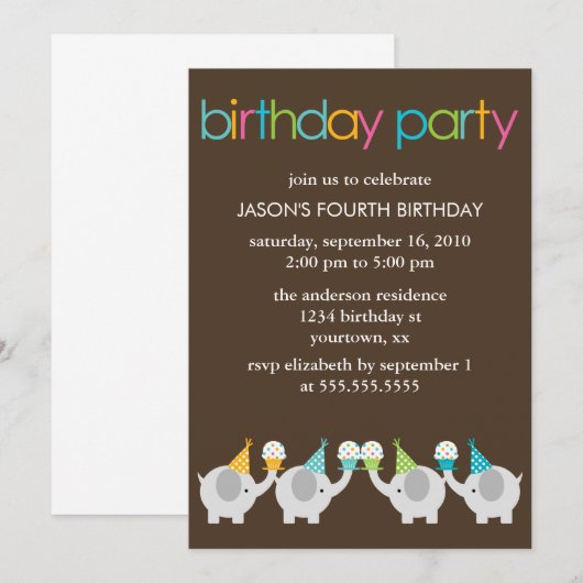 Festive Elephants kinderen Birthday Party Kaart (Voorkant / Achterkant)