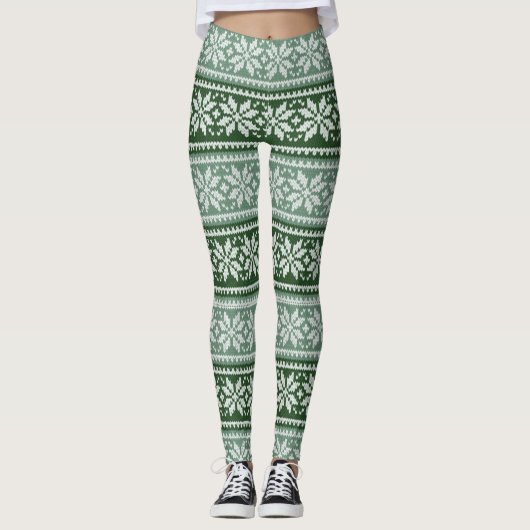 Festive en Cozy Green/White Snowflake Sweater Leggings (Voorkant)