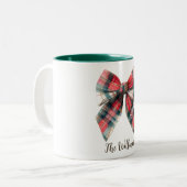 Festive Family Name Mug – Christmas Bow Accent Tweekleurige Koffiemok (Voorkant links)