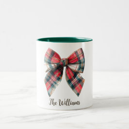 Festive Family Name Mug – Christmas Bow Accent Tweekleurige Koffiemok