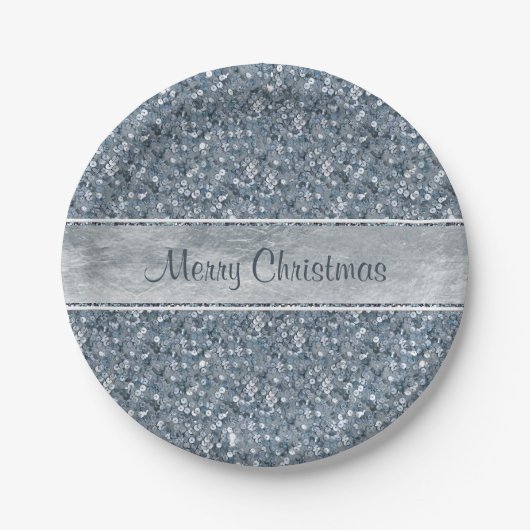 Festive Faux Blue Sequins Silver Foil Glitter Papieren Bordje (Voorkant)