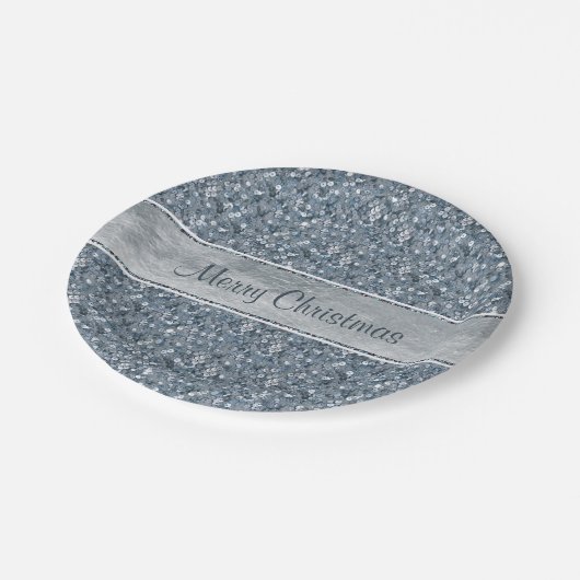 Festive Faux Blue Sequins Silver Foil Glitter Papieren Bordje (Gekanteld)