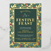 Festive Feast green Goudbesries Kerstdiner Folie Uitnodiging (Voorkant)