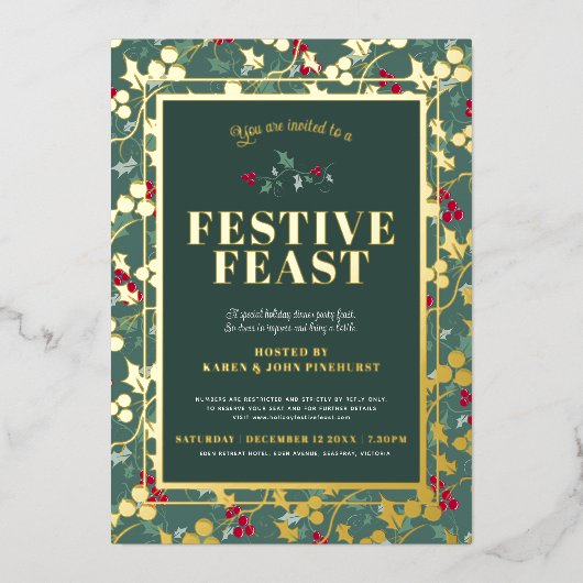 Festive Feast green Goudbesries Kerstdiner Folie Uitnodiging (Voorkant)
