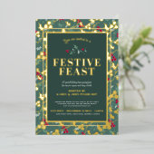 Festive Feast green Goudbesries Kerstdiner Folie Uitnodiging (Staand Voorkant)