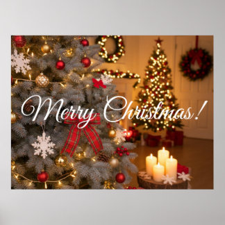 Festive fir trees decorated with garlands  poster