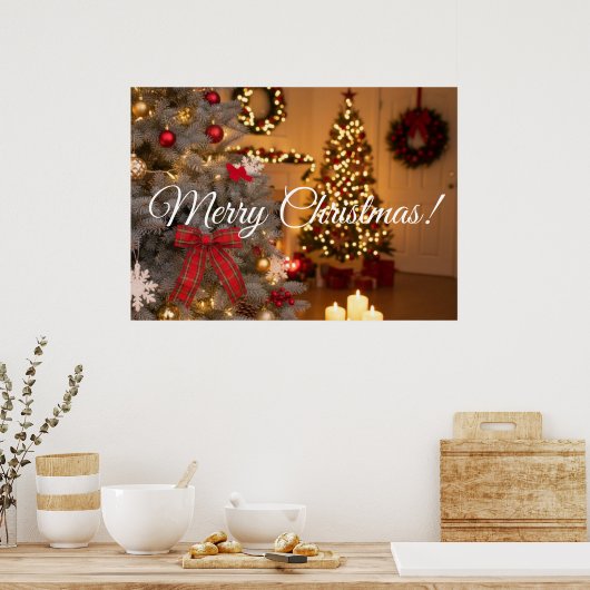 Festive fir trees decorated with garlands poster (Keuken)