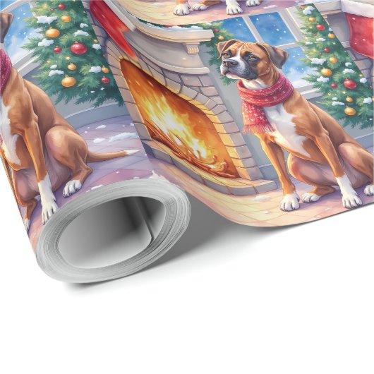 Festive Fireplace Boxer Christmas Art Cadeaupapier (Rol Hoek)