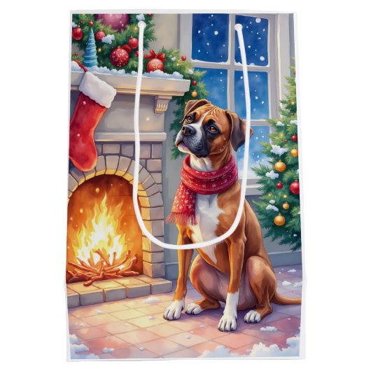 Festive Fireplace Boxer Christmas Art Medium Cadeauzakje (Achterkant)
