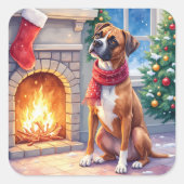 Festive Fireplace Boxer Christmas Art Vierkante Sticker (Voorkant)