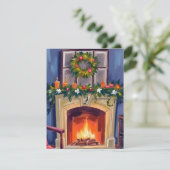 Festive Fireplace Christmas Wreath Watercolor Feestdagenkaart (Staand voorkant)