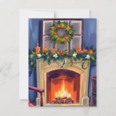 Festive Fireplace Christmas Wreath Watercolor Feestdagenkaart (Voorkant)