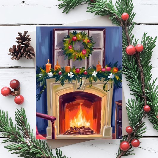 Festive Fireplace Christmas Wreath Watercolor Feestdagenkaart
