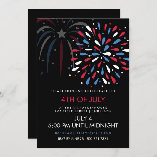 Festive Fireworks 4th of Juli Party Invitation Kaart (Voorkant / Achterkant)