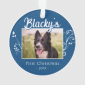 Festive First-kerstpoppuppy Foliage Blue-foto Ornament (achterkant)