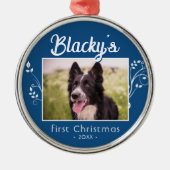 Festive First Kerstpuppy Photo Foliage Blue Metalen Ornament (Voorkant)