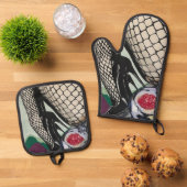 'Festive Fishnets' Schilderij op een Ovenwant & Pannenlap Set (Top down)