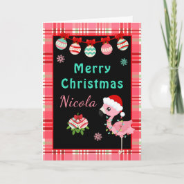 Festive Flamingo Merry Christmas with Name Feestdagen Kaart
