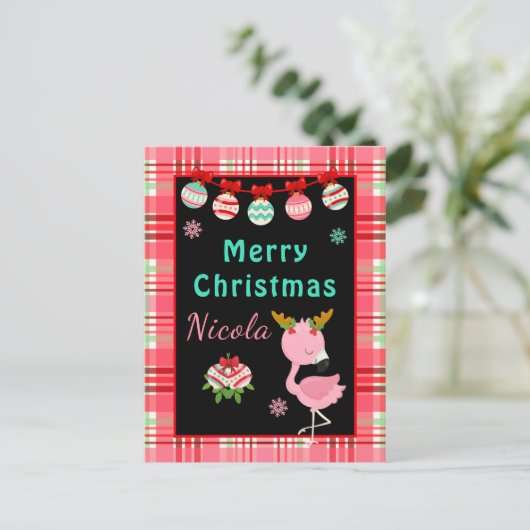 Festive Flamingo Merry Christmas with Name Feestdagenkaart (Staand voorkant)