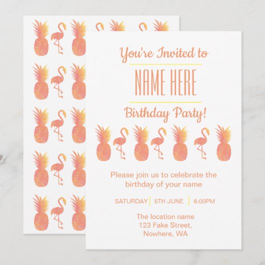 Festive Flamingo & Pineapple Birthday Invitation Kaart (Voorkant / Achterkant)