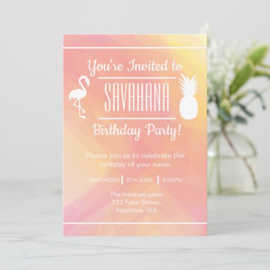 Festive Flamingo & Pineapple Birthday Invitation Kaart (Staand voorkant)