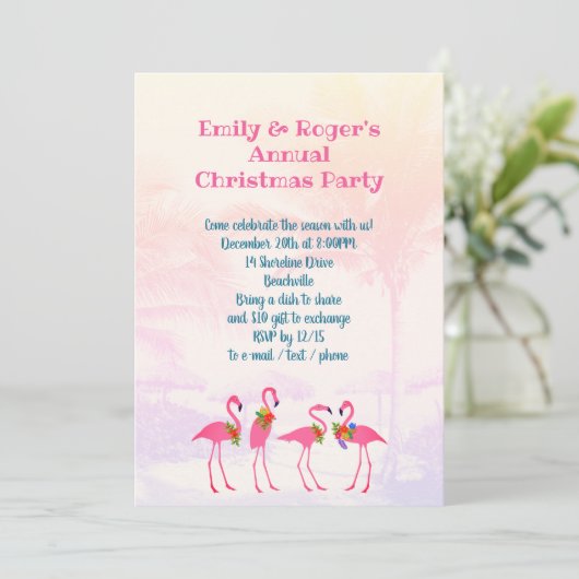 Festive Flamingos Holiday Party Uitnodiging (Staand voorkant)