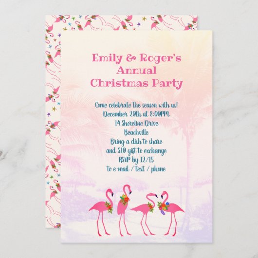 Festive Flamingos Holiday Party Uitnodiging (Voorkant / Achterkant)