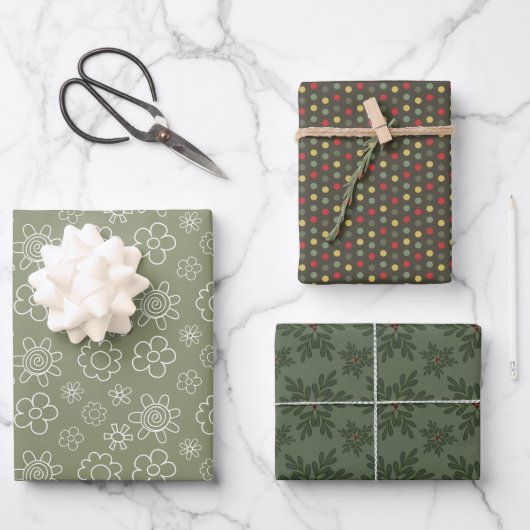 Festive Floral, Dots and Leaves - Inpakpapier Vel (Voorkant)