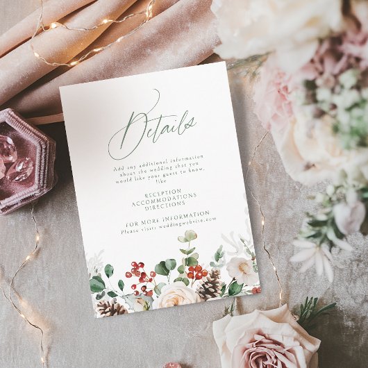 Festive Floral Holiday Winter Wedding Details Informatiekaartje