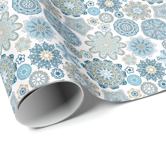 Festive Floral Mandala Snow Flakes Pattern Cadeaupapier (Rol Hoek)