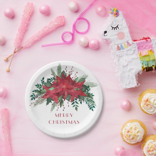 Festive Floral Red Poinsettia Merry Kerstry Papieren Bordje (Feest)